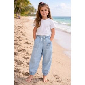 Roxy Girl Light Blue Denim Jogger Pants Size 7 NWT Beachy Elastic Waist Pull On